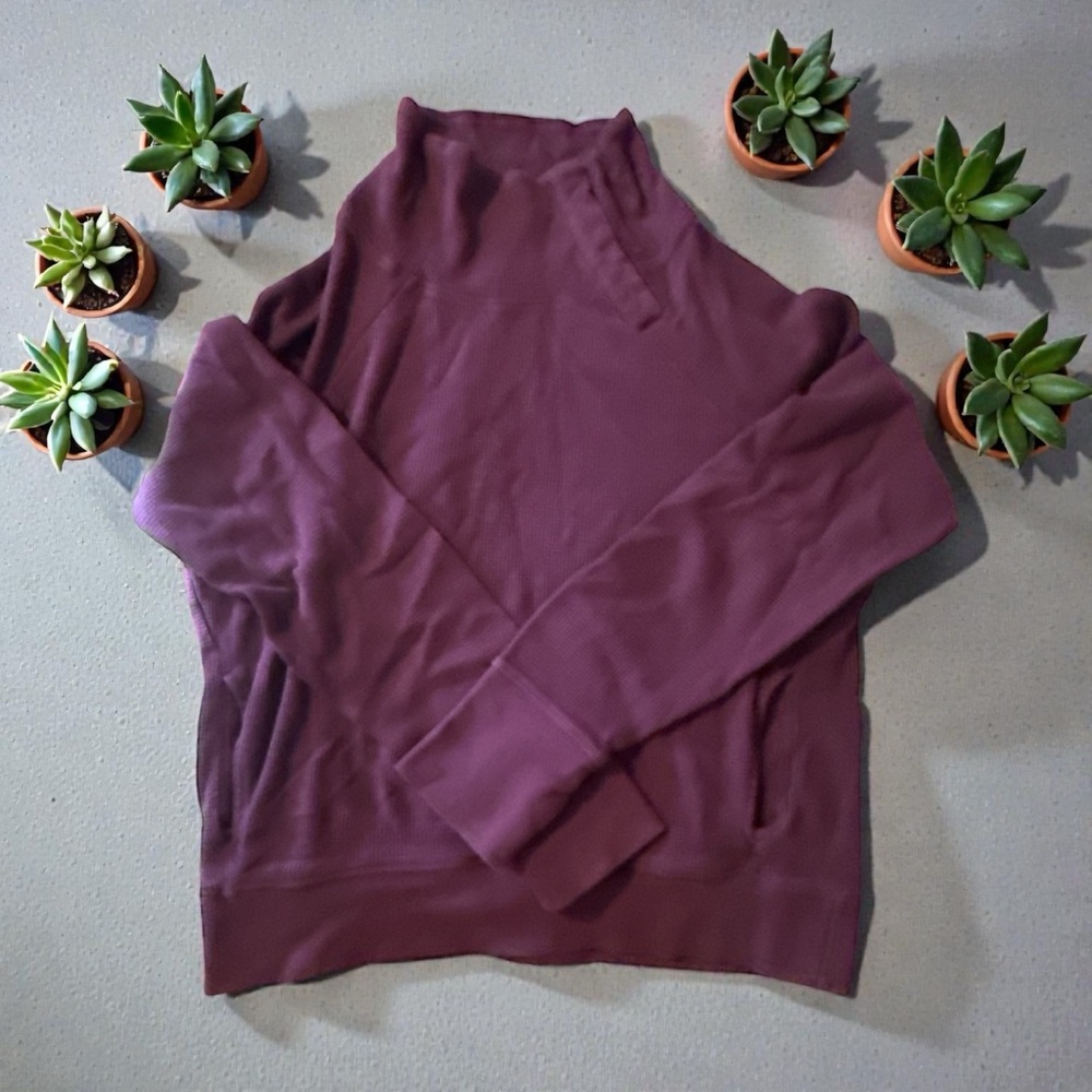 Pact Purple Thermal Snap Neck Pullover Front Pockets Thumb Holes Organic Cotton